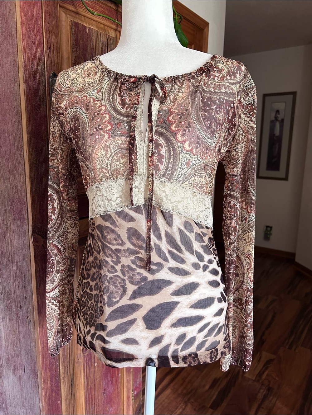 Moda International Brown Paisley & Leopard Sheer Tie-Front Long Sleeve Top